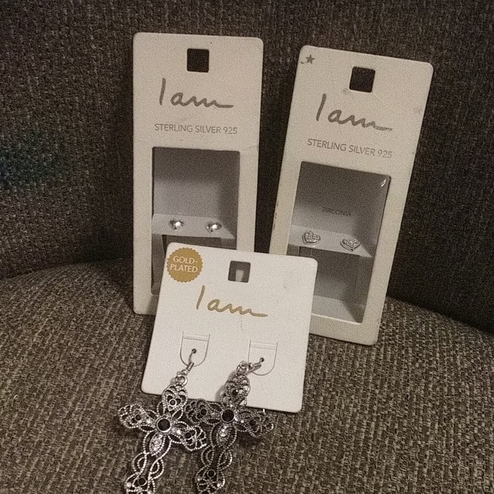 Sterling silver heart earrings and cross earrings